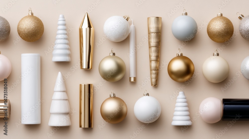 Poster Decorative tree icons and ornaments in white and gold are arranged in a seamless layout, perfect for wrapping or textile designs
