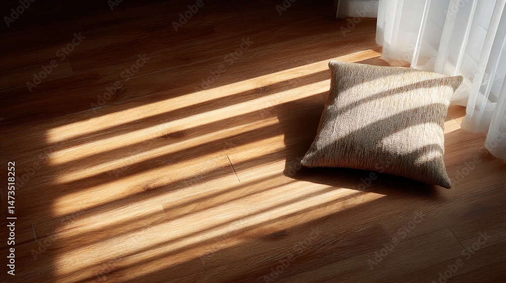 Aufkleber textured cushion rests on hardwood floor as warm sunlight filters through blinds, casting distinctiv