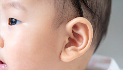 A baby's soft cheek, visible ear, dark hair strands, and partial view of the eye