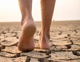 Bare feet walk on cracked earth