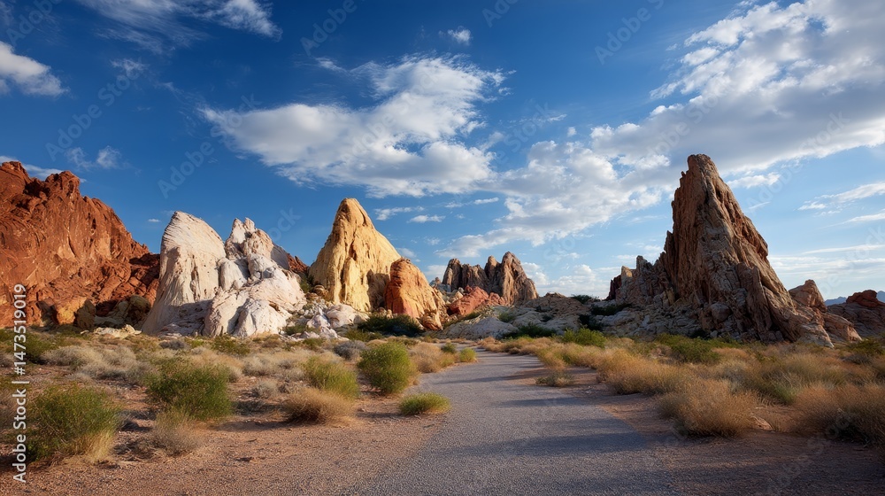 Aufkleber Rugged desert terrain showcases vibrant rock layers with long shadows cast by the soft evening light. Patches of grass add contrast to the landscape