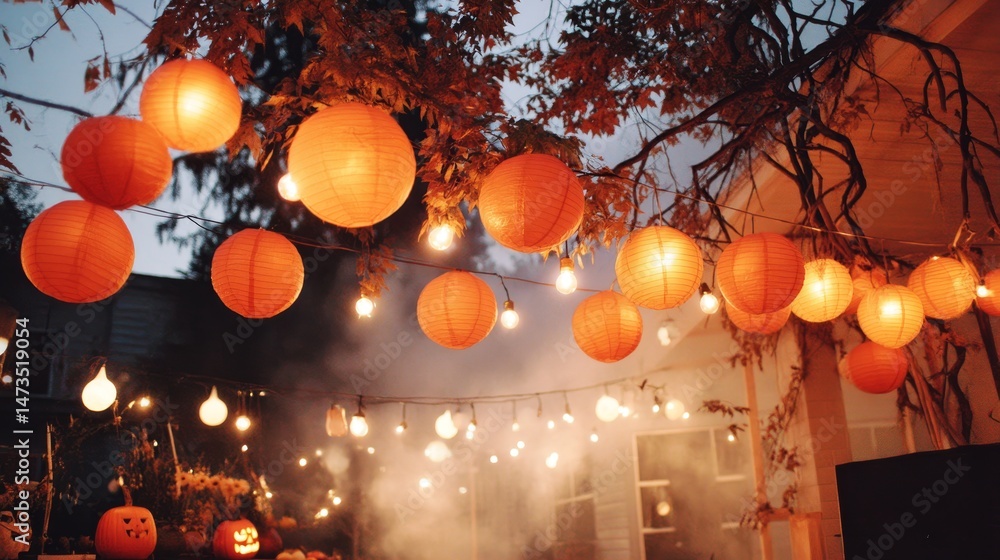 Fototapete silhouetted trees with intricate branches loom against a foggy backdrop, while glowing lanterns and 