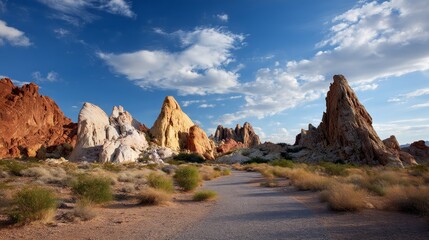 Fototapeta premium Rugged desert terrain showcases vibrant rock layers with long shadows cast by the soft evening light. Patches of grass add contrast to the landscape