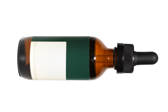 Amber Glass Dropper Bottle With Blank Green Label On Transparent Background