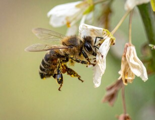 Bee collecting pollen from white flowers, showing nature's pollination process in detail