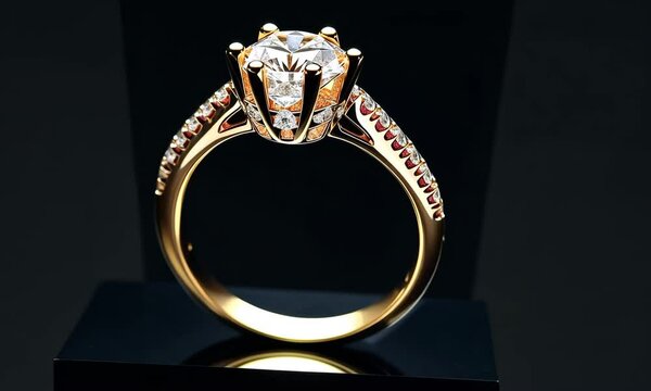 Closeup rotating shot of a gold ring adorned with a large diamond and ruby stones. The elegant setting on a black background highlights the refined design, ideal for luxury and fashion content.