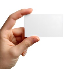 Close-up of a hand holding a blank white card against a clean white backdrop, ready for customization.