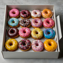 Box filled with assorted colorful donuts isolated on white background

