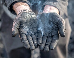 Open hands display soot and ash. Smoke rises, evidence of a fire
