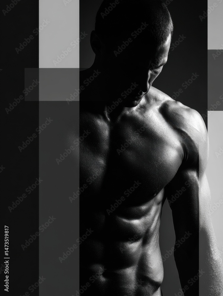 Aufkleber Dynamic Muscular Form in a Dark Shadow Composition With a Vibrant Headline Area Capturing Strength and Intensity in a Minimalist Setting