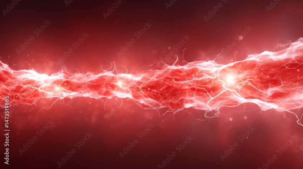Poster Vivid crimson lightning strikes against a dark, cloudy backdrop, creating a dramatic abstract artwork that allows for additional text or branding on the right side