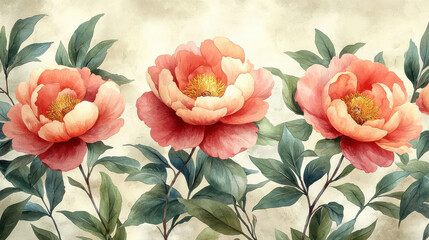 A delicate watercolor pattern featuring peonies and green leaves in soft hues, evoking a bohemian aesthetic on a beige backdrop. Ideal for textile and background design, with a touch of vintage 