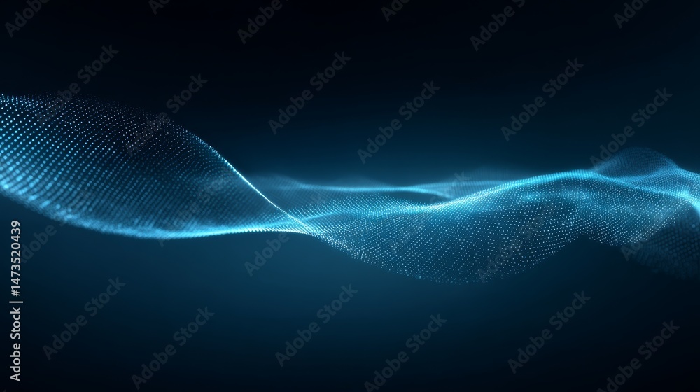Poster Glowing blue audio waveform with gentle curves and pulsing dots floats in a dark gradient space, creating a mesmerizing visual experience for viewers