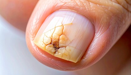 Damaged nail showing discoloration and cracking on human finger, close-up detail