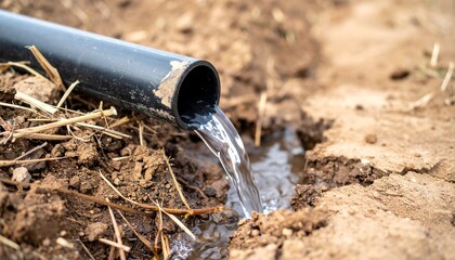Water flows from black pipe onto soil, creating a small stream, surrounded by earthy tones and dry grass