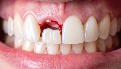 Close-up of mouth with missing tooth, displaying gums and adjacent teeth in detail