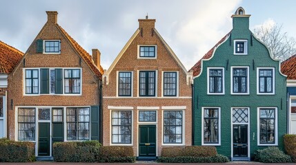 Fototapeta premium Three Charming Dutch Houses in a Row, a picturesque scene of traditional architecture, showcasing unique facades and colors.