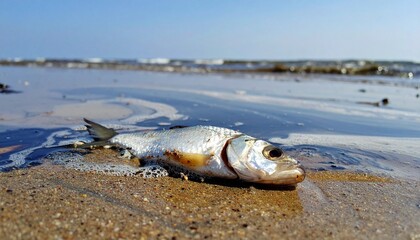 Dead fish washed ashore on sandy beach, bright sunlight reflects off water