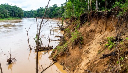 Muddy river flows beside eroded banks with exposed roots and lush green forest in the background