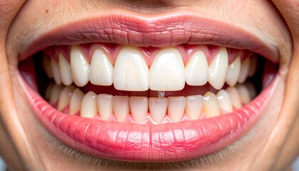 Smiling mouth reveals bright white teeth and healthy pink gums in a close-up dental image