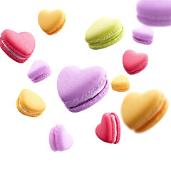 Fototapeta premium Heart-shaped macarons floating in mid-air, showcasing vibrant colors and textures