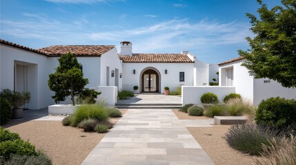 Fototapeta premium Stylish white villa features arched doors, trimmed hedges, and a pathway leading to a tranquil beach, all set against a bright blue sky, ideal for relaxation