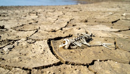 Cracked, dry earth reveals the skeletal remains of a fish near a receding waterline