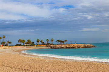 Beach of Mediterranean sea in Menton, French Riviera, France