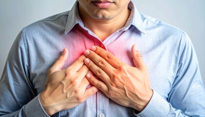 Man clutching chest with redness, symptom illustration around heart