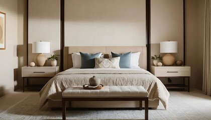 Stylized Bedroom with Decorative Pillows and Lamps on Nightstands