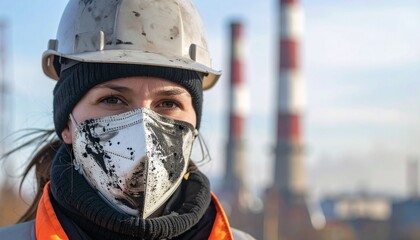 Worker wearing protective gear stands before industrial chimneys in blurred background