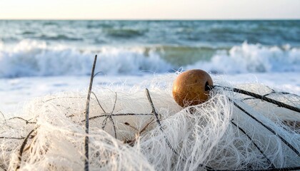 Seaside Catch Net with buoy, waves lapping the shore in the background, soft sunlight