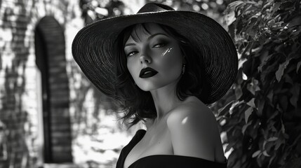 A monochrome portrait of a woman wearing a wide-brimmed hat that obscures her eyes.