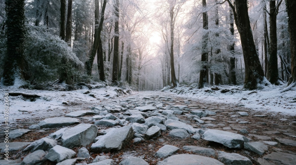 Poster a winding stone path blanketed in frost meanders through a tranquil forest, where soft sunlight pene