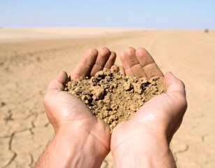 Hands holding earth in cracked desert, conveying fragility and dryness under a clear sky
