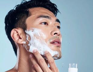 Asian man washing face with cleansing foam