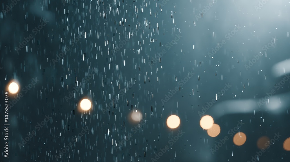 Poster Raindrops cascade gently in twilight, illuminated by soft bokeh lights that add a magical touch to the atmospheric backdrop, creating serene beauty
