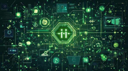 Fototapeta premium Futuristic digital health network with interconnected icons and data streams.