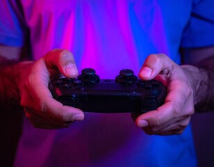 Hands gripping controller, intense gaming vibes, bathed in vibrant neon lighting