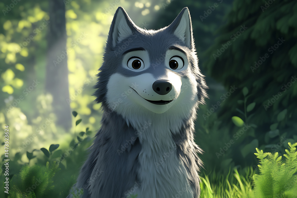 Poster a cheerful animated wolf character smiling in a vibrant forest setting with sunlight filtering throu