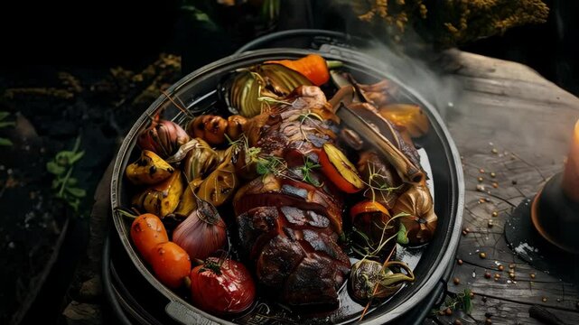 New Zealand hangi served on a platter, showing meats and vegetables cooked in an earth oven. A traditional and flavorful dish from New Zealand