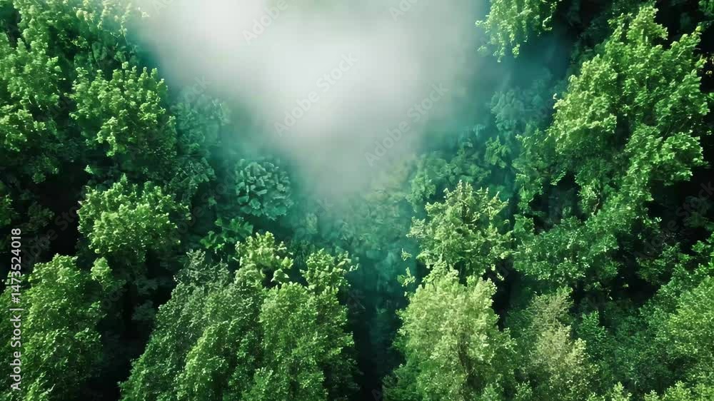 Poster drone captures lush green forest canopy enveloped in wispy clouds creating a serene natural tapestry