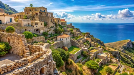 Fototapeta premium Ancient Greek-style stone walls surrounding a scenic hilltop village in Alicudi island, Sicily , greek, island, greek