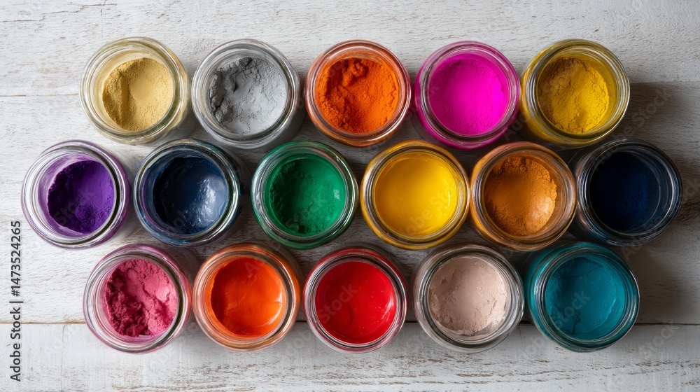 Aufkleber A vibrant assortment of pigment jars showcased from a top-down angle, displaying an array of colors on a rustic white wooden surface
