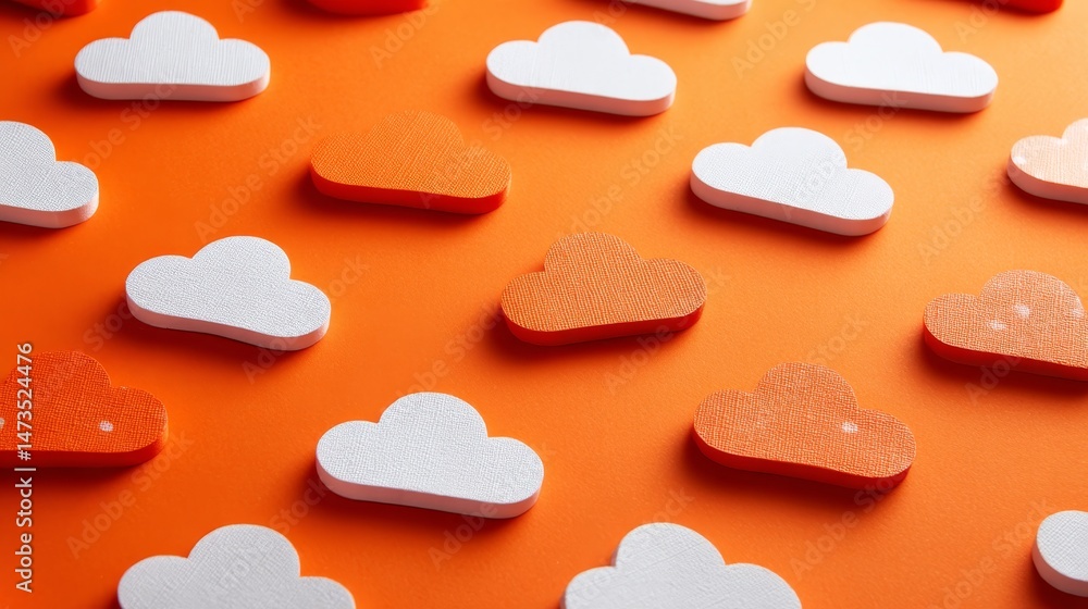 Aufkleber soft white and orange cloud shapes scatter across a bold orange backdrop, creating an airy, minimali
