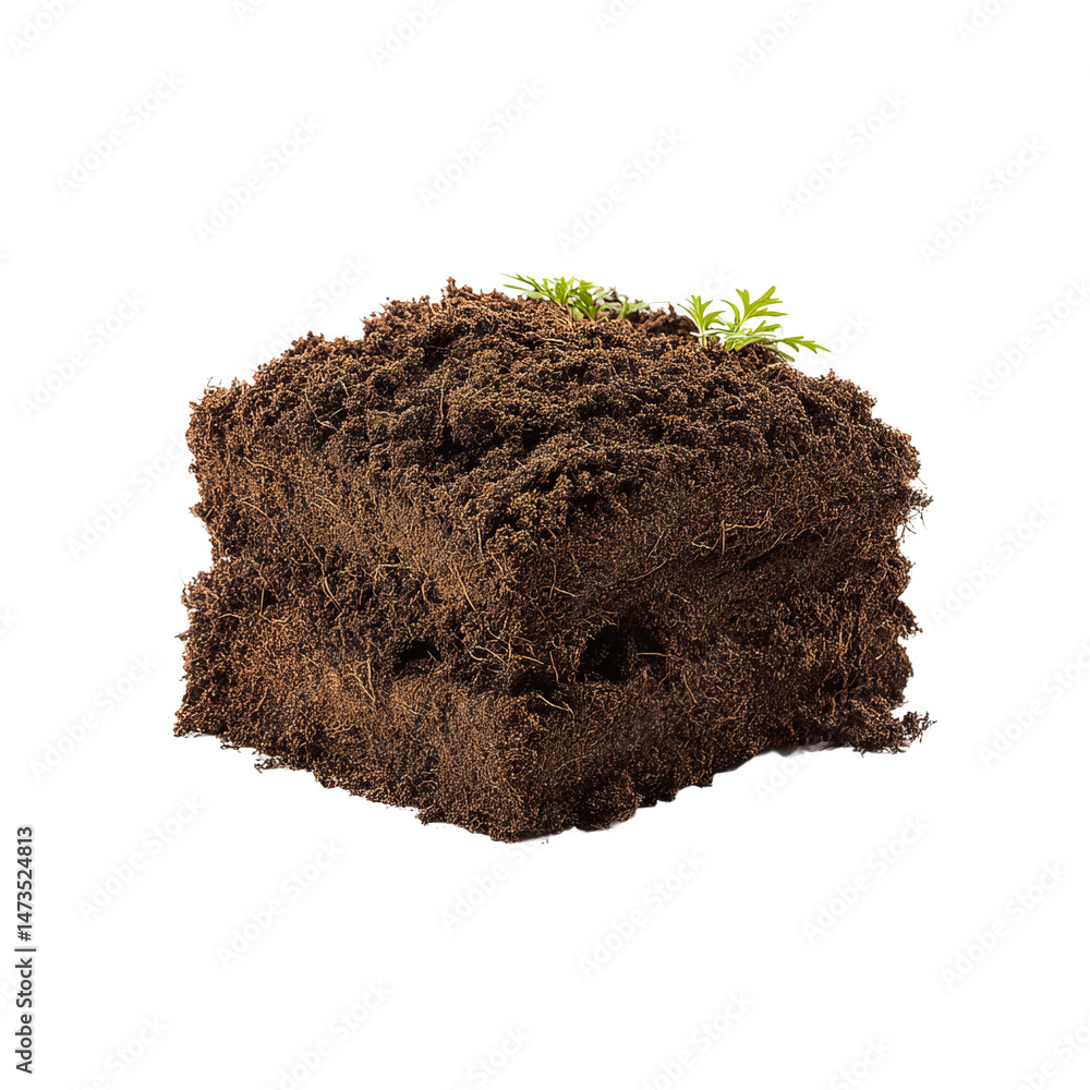 Aufkleber a detailed top view of a square soil block with a small sprout. the soil appears fertile and ready f