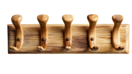 Rustic wooden wall hooks in beige brown on transparent background, perfect for home decor, organization themes. PNG format, ideal for interior design projects.