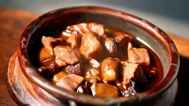 Filipino adobo, a traditional Asian dish, featuring chicken and pork simmered in a savory blend of soy sauce, vinegar, and garlic, served in a ceramic bowl