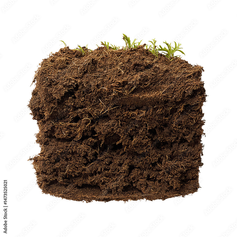 Poster a close-up of a soil sample showing layers and texture. the soil sample includes some new plant