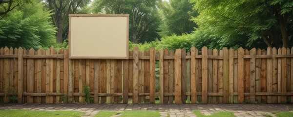 Rustic wooden fence with poster mockup, lush green park backdrop, poster mockup,  advertising